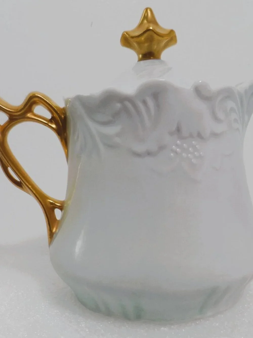 Victorian Creamer Pitcher w/Lid- Forget-Me-Not Flowers Gold Gilt Handle Antique